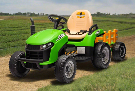 New 12V Electric Kids Ride on Sit on Tractor and Trailer with Remote - Green