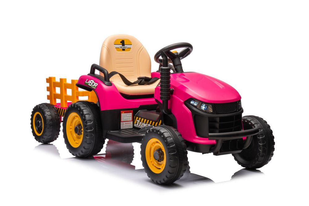 New 12V Kids Ride on Electric Tractor and Trailer with Remote - Pink