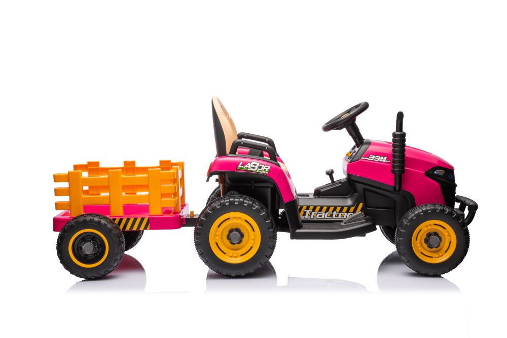 New 12V Kids Ride on Electric Tractor and Trailer with Remote - Pink