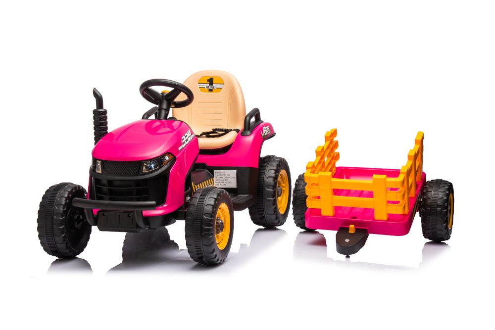 New 12V Kids Ride on Electric Tractor and Trailer with Remote - Pink